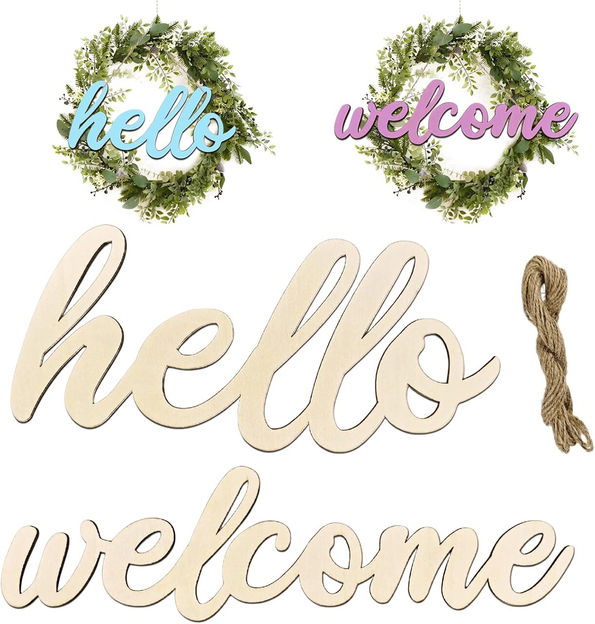 10 Pcs Unfinished Wooden Hello & Welcome Sign Wooden Cutout Letter Hello Welcome Sign